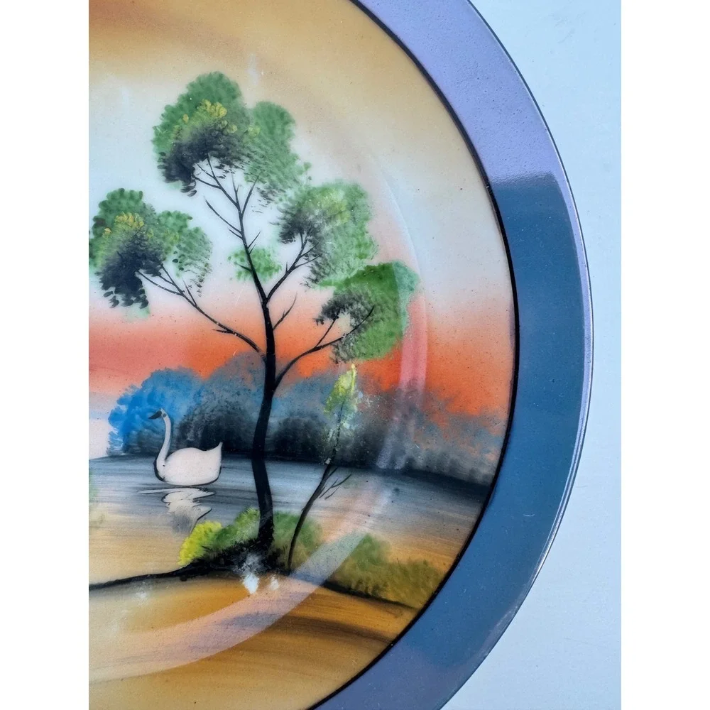 Vintage Chikaramachi Japan Hand Painted Swan Landscape Lusterware Plate 7.5